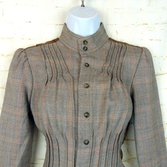 Free People Jacket Size 2 Brown Plaid Wool Button Pin Tuck Ruffle Back Military - Picture 11 of 13